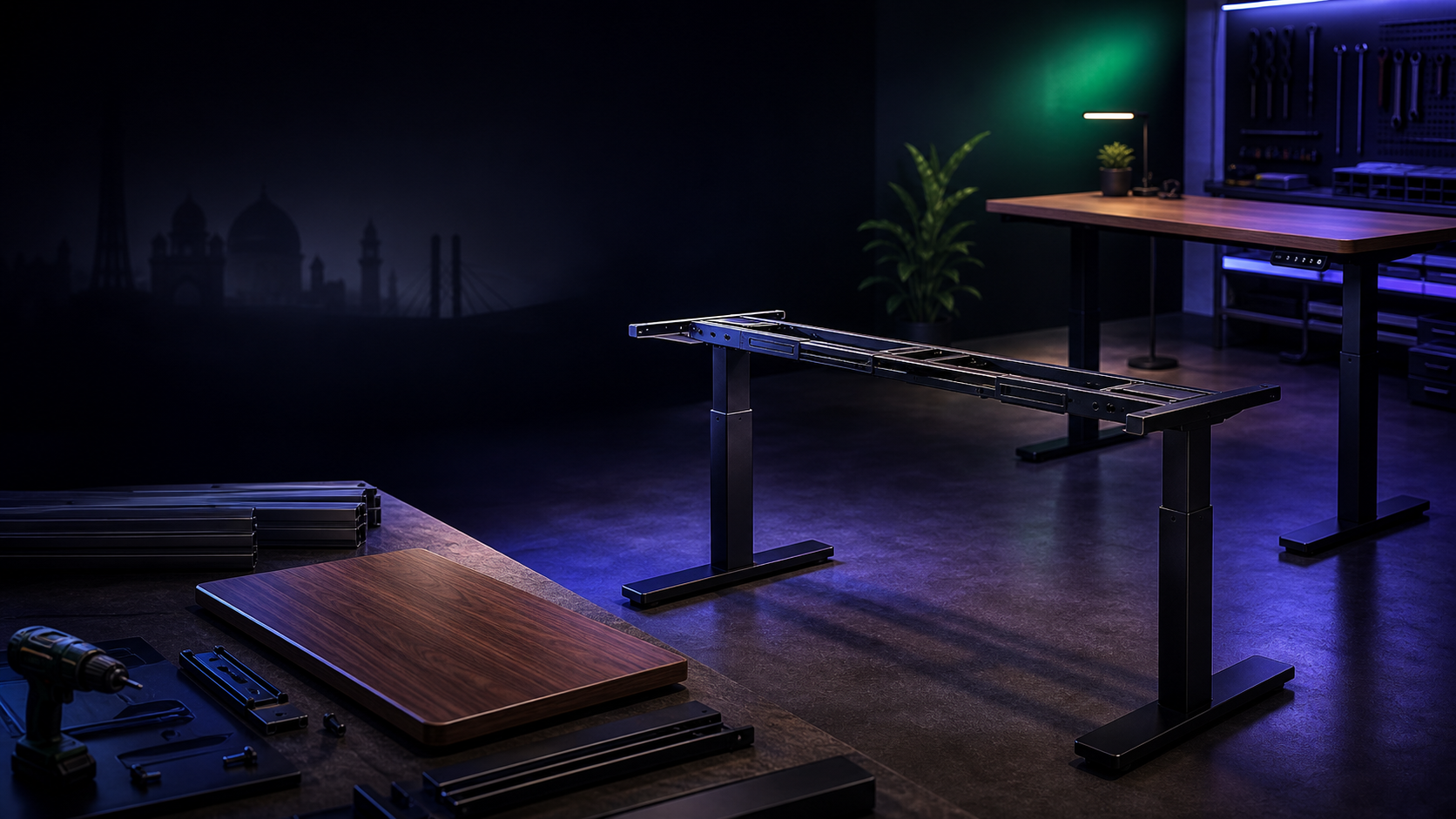 Premium WORKFLO standing desk parts and finished desk in a local manufacturing studio